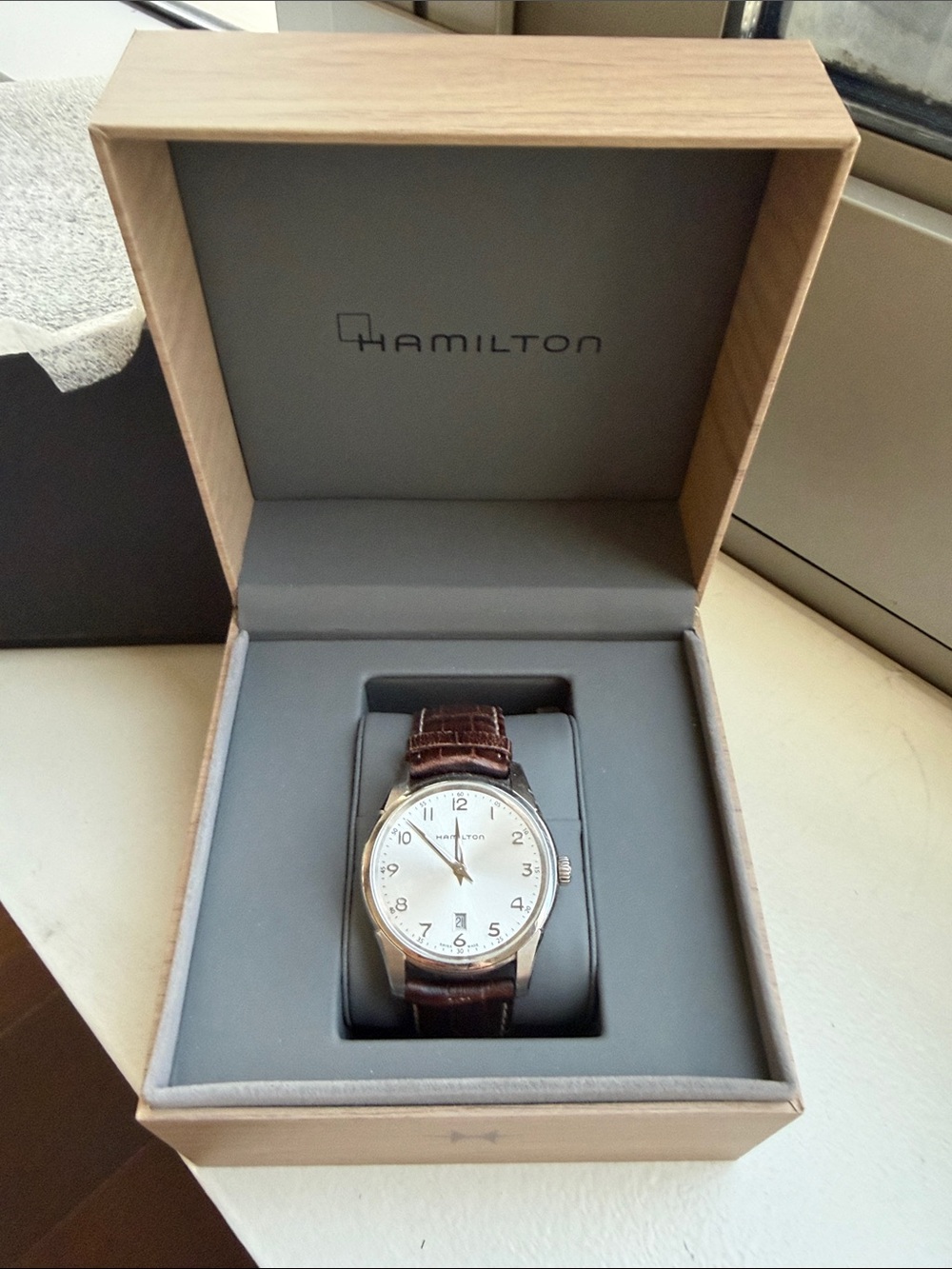 Hamilton Men's Silver Case Watch with Brown Leather Strap